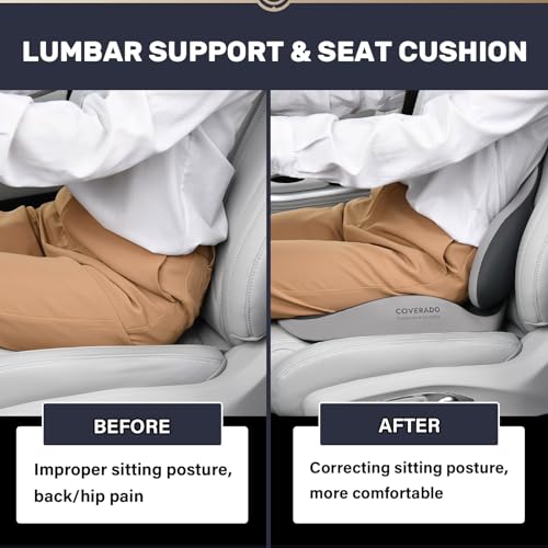 Image of Coverado Seat Cushion and Lumbar Support Pillow for Car Office Chair, Ergonomic Memory Foam Desk Chair Cushion Back Support Pillow, Sciatica & Back & Tailbone Pain Relief Cushion-Black&Gray