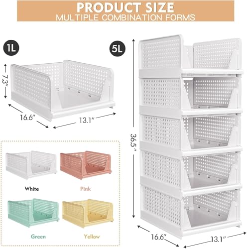 Image of 8 Pack Stackable Closet Storage Basket - Stackable Storage Bins, Multifunctional & Foldable Closet Organizer Waterproof, Wardrobe Cupboard Space-Saving Hat Storage Drawer Organizer, White