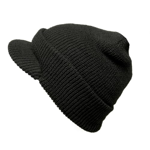 Winter Beanie Cap with Visor, Genuine G.I. 100% Wool Fitted Cap, Made in USA (1, Black)