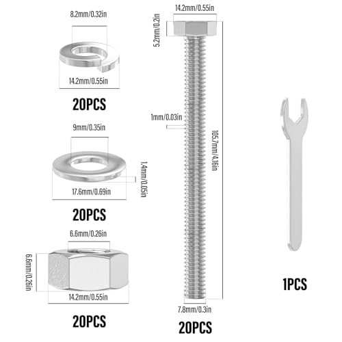 Image of 20PCS 5 /16-18 inch x 4 inch 304 Stainless Steel External Hex Bolt, Fully Threaded Bolt with Nut Flat & Lock Washers and Spanner