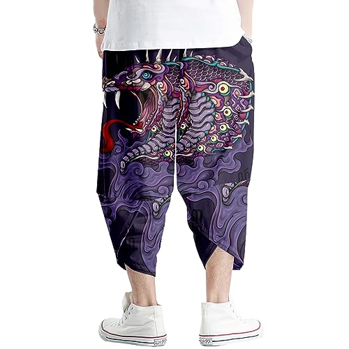 Image of DOSLAVIDA Men's Japanese Kimono Cardigan Suit Chinese Style Printed Jacket Pants Set Open Front Seven Sleeve Top & Shorts