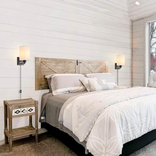 Image of KOONTING Plug in Wall Sconce Set of 2, Rustic Wall Lamp with Plug-in Cord and On /Off Toggle Switch, Linen Fabric Shade Wall Light Fixture for Headboard Bedroom Living Room Hallway (Square-Linen)