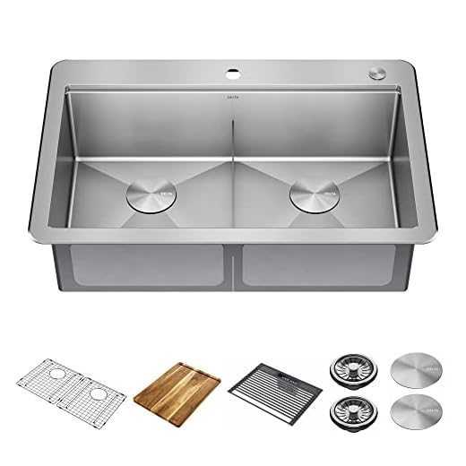 DELTA FAUCET 95A9032-T33D-SS Lorelai Workstation Kitchen Sink Drop-In Top Mount 16 Gauge Stainless Steel Double Bowl with WorkFlow Ledge and Chef’s Kit of 8 Accessories, 33 Inch