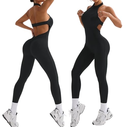 XDSP Tuta Intera Donna Sportiva Aderente Jumpsuit senza Cuciture Elegante Tuta senza schiena Slims Maniche per Sport Gym Yoga Workout Elasticizzata One Piece Palestra Bodysuit