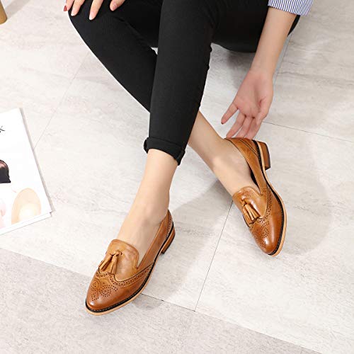 Image of Mona flying Women's Leather Tassel Loafers Slip on Brogue Flat Office Shoes