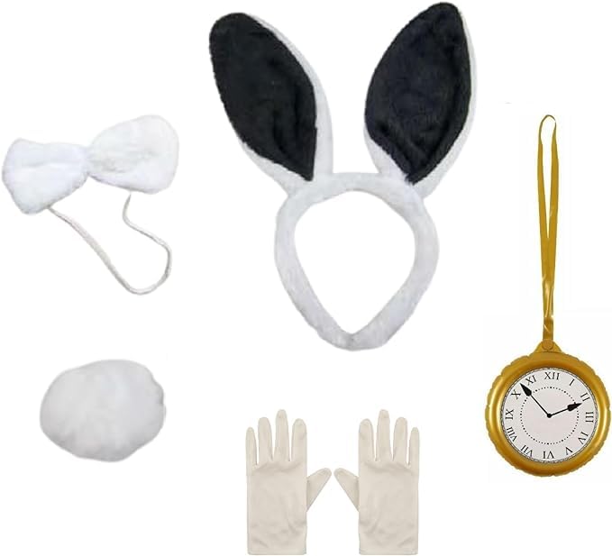 NuJake Kids White Bunny Rabbit 5 Piece Costume Set, Ears, Tail, Bow Tie, Nose & Cuffs