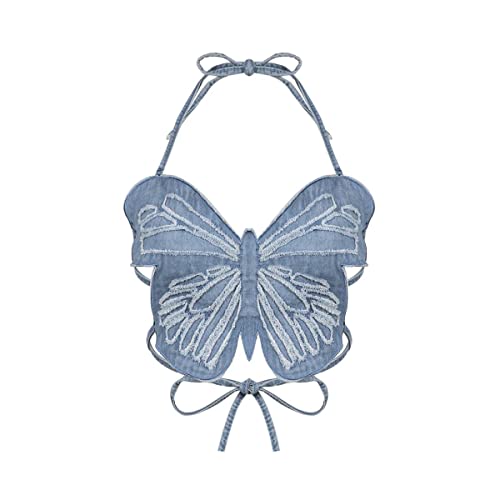 ZEIA3 Haut à bretelles en jean avec motif papillon pour femme - Style rétro sexy à lacets - Débardeur d'été sans manches Cover