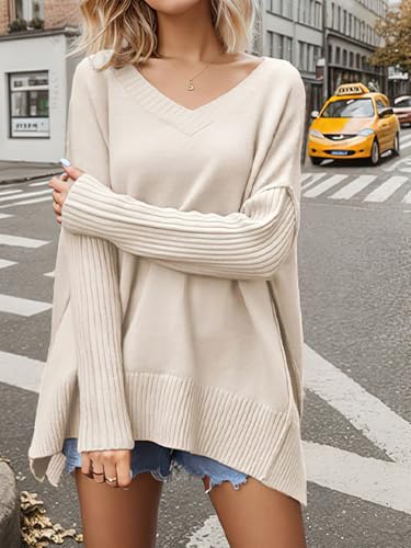 Women's V Neck Oversized Sweaters Long Batwing Sleeve Split Hem Pullover Slouchy Casual Knit Sweater3