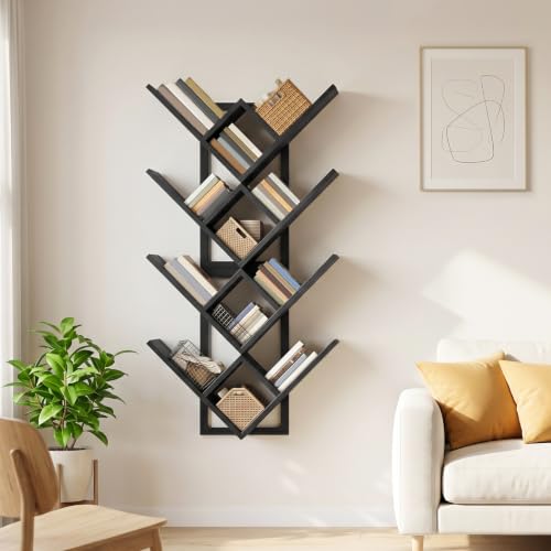 Image of HOOBRO Floating Shelves for Wall, Set of 2 Wall Mounted Shelves, 2-Tier Wooden Tree Bookshelf, Hanging Shelves Storage Rack, for Living Room, Kitchen, Office, Black BB54BJP201