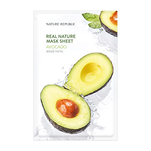 Moisturizing Soothing Face Mask Sheet - Nature Republic Real Nature Avocado Extract Natural-Derived Cellulose Sheet Long Lasting Moisturizing Nutrition 10pcs x 23ml/0.77fl.oz