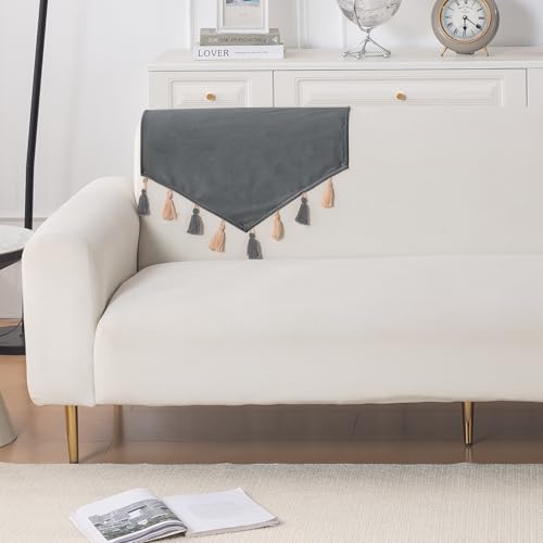 Image of HOKIPO Premium Holland Velvet Sofa Backrest Cover with Tassels - 'TasselTone Series', Graphite Grey (IN-1103-DGRY)