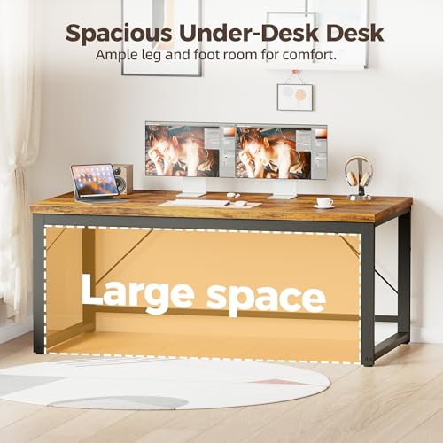 Image of Mericonia 63x28 Inch Computer Desk, 1 inch Thick Large Office Table, Brown