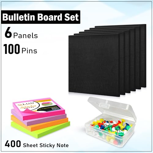 Image of GLUN 6 Pcs Black Felt Bulletin Board 30x30 cm (12x12 Inch) | Self Adhesive Notice Board Tiles for Wall | 100 Push Pins + 400 Sheets Sticky Notes | Pin Board for Home, Office, School & Study Room