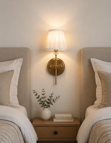 Image of Premium Brass Finish Elegant Fabric Pleated Shade Wall Light for Bedroom, Living Room, Restaurants, Dining, Coffee Shop, Home and Office Decorative Wall Sconce Light Fixture (Without Bulb)