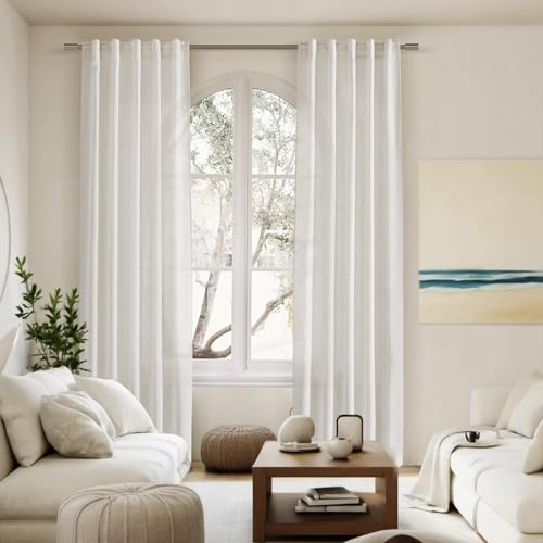 Image of Cream Linen Curtains 84 Inch Length 2 Panels Back Tab Pocket Semi Sheer Bedroom Curtains Light Filtering Country Closet Curtain Drapes Netural Farmhouse Window Panels for Living Dining Room 40x84