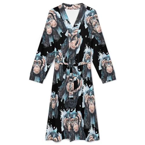 Chimpanzee Cute Watercolor Soft Robe Long Sleeve Bathrobes V Neck Sleepwear Spa Robes with Belt Men Woman3