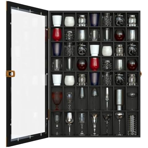 usego Shot Glass Display Case 49 Slots Shot Glass Display Cabinet Holder Lockable Wall Mounted Shadow Box with Acrylic Door Shot Glass Storage Case for Shot Glass Collection,Black Cover