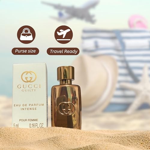Image of Gucci Guilty Perfume For Women Eau De Parfum Intense Mini Perfume Splash 0.16 Fl Oz | 0.16 fl oz EDP mini splash dabber bottle. Travel size designer fragrance for purse, gifting, sampling, or collection.