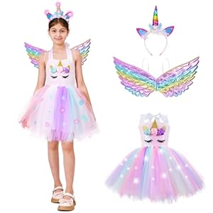 ZUCOS Disfraz de unicornio para niña, con luces de tutú, vestido de princesa, para cumpleaños, Halloween, carnaval