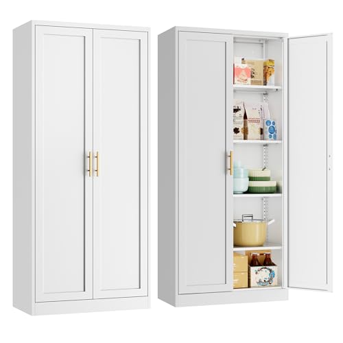 Image of Metal Pantry Cabinet, 71 inchH x 28 inchW x 14 inchD Pantry Cabinets with 2 Doors and 4 Adjustable Shelves, Kitchen Pantry Storage Cabinets, Metal Storage Cabinet for Kitchen, Dining Room, Living Room-White