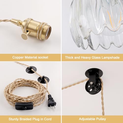 Image of Shenmoyl Plug in Pendant Light Hanging Light Fixture Corded On /Off Switch Brass Pendant Light with Clear Tulip Glass Lampshade for Bedroom Living Room Kitchen Island