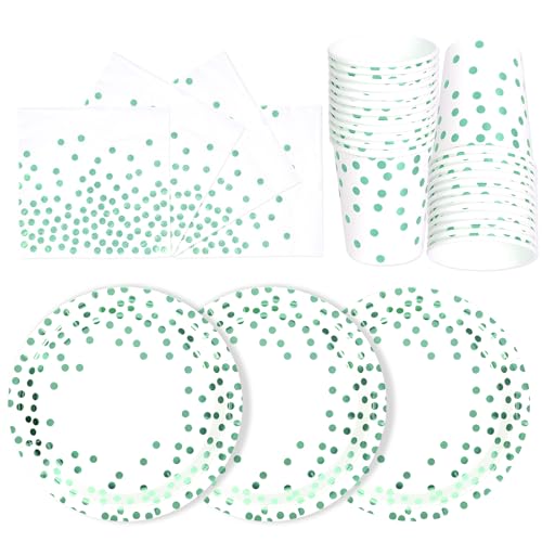 PYAILI Anniversaire Vaisselle de fete 72 Pièces Or Vert Blanc Party Assiettes en Papier Set Assiettes de Fête Jetables Papier Tasses Serviettesr, pour...
