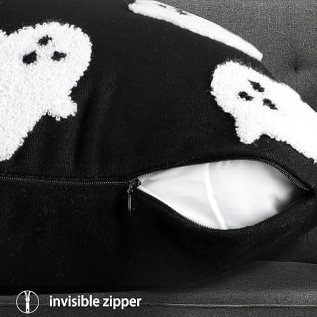 2PCS Halloween Pillow Covers 18 x 18 Inch White Ghost Throw Pillow Cases 3D Embroidered Cushion Covers Halloween Black Decorative Pillowcases for Sofa Couch Bed Living Room Home Indoor Outdoor Decor