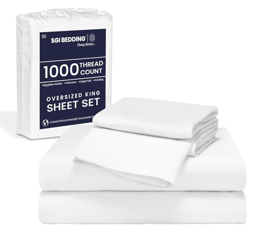 SGI Bedding 84'x 84' 4 Pc Emperor/Wyoming King Sheet Set 1000 Thread Count 100% Egyptian Cotton - Deep Pocket 12” - Ultra Soft, Breathable, Hotel Quality Sheets, Oversized Bed Sheets, White