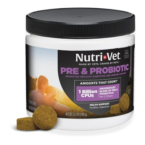 Nutri-Vet Pre & Probiotics for Dogs, Digestive Support, Upset Stomach, Puppy Probiotic, Pet Vitamins and Supplements, Dog Probiotics, Liver & Cheese Flavor, 120 Soft Chews