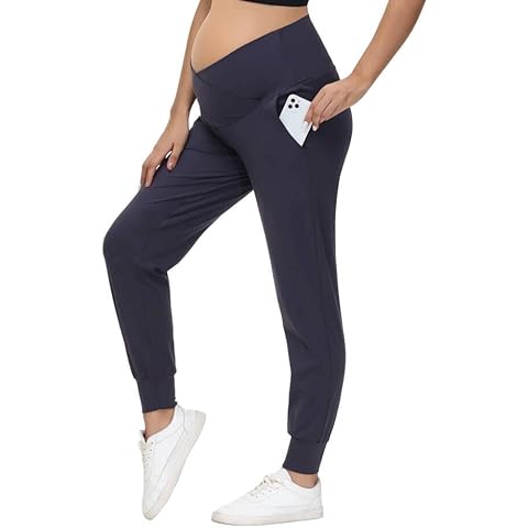 HOFISH Women Maternity Pants Plus Size Maternity Joggers Comfy Cross Waist Sweatpants Casual Pregnancy Pants with Pockets, Hw2010r-blue, Large Cover