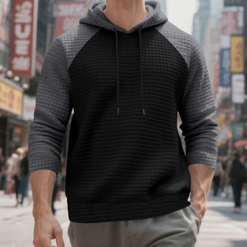 Muineobuka Men's Pullover Hoodies Casual Long Sleeve Drawstring Color Block Plaid Jacquard Hooded Sweatshirts with Pockets3