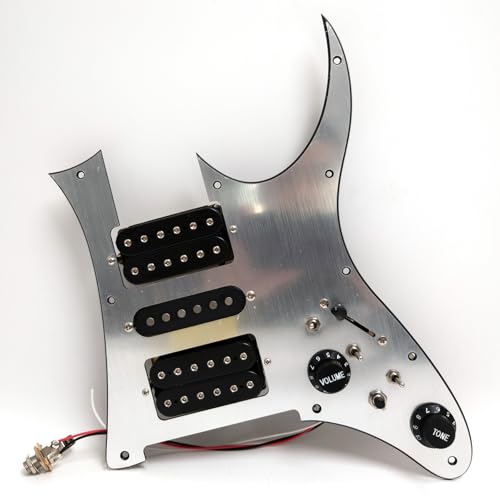 Prewired HSH Pickguard for Ibanez RG Electric Guitar – Loaded with Alnico 5 Single Coil & Humbucker Pickups, Coil Splitting Electric Guitars Replacement Parts (Brushed silver)