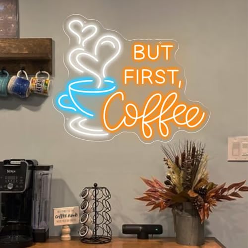 Image of But First Coffee Neon Sign Large 5V USB Powered Acrylic Neon Lights with Dimmable Switch and Hanging Chain for Coffee Cafe Bar Party Living Room Sign Gifts 14 * 11.3inch(Orange)