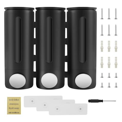 FALESOUL Shampoo and Conditioner Dispenser, Bathroom Shower Dispenser 3 Chamber No Drill Shampoo Dispenser, Bathroom Liquid Soap Pump Dispenser Set for Hotel Kitchen Home 3 * 500ML (Black)