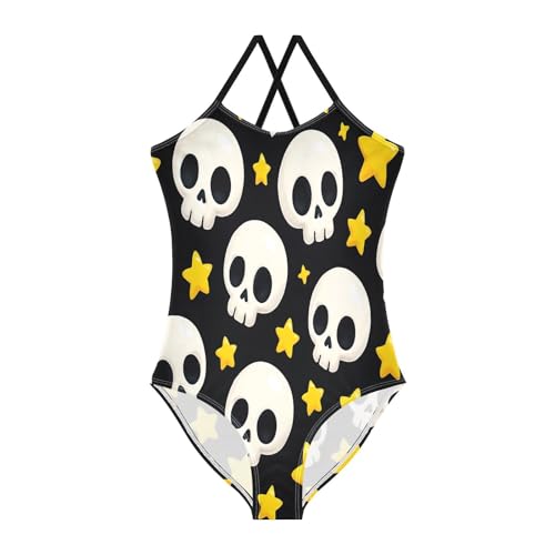 Cute White Skulls Yellow Stars Girls Swim Suit with Adjustable Shoulder Strap, Beach Swimsuit, 3-10 - Main Image