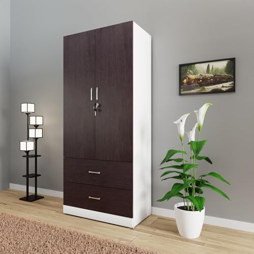 Image of VIKI Wardrobe | Wooden Almirah for Clothes,Door for Bedroom, 2 Door Wardrobe with Drawer & Hanging Space (White & Wenge - 40D x 80W x 180H) | 1 Year Warranty | Free Assebly