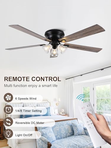 Image of 60 inch Flush Mount Vintage Ceiling Fan with Lights and Remote | Farmhouse Rustic Fandelier, 3 E26 Lights Low Profile Chandelier, for Bedroom Living Room, 5 Dual Blades (Bulbs Not Included)