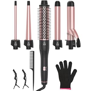 ANIEKIN 5 in 1 Curling Iron Set, Fast Heat Up Curling Wand from 3/8 to 1 1/4 Inch and a Thermal Brush Come with, Dual Voltage Hair Curler for Women All Hair Types and Travel Use, Gifts for Women