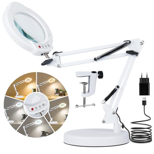 LED Lupenleuchte, 10X Lupe mit Licht 5 Farbmodi Stufenlos Dimmbar, LED Beleuchtete Lupe mit Licht und Klemme St&auml;nder, H&auml;nde Frei f&uuml;r Handwerk Malerei Schlie&szlig;en Arbeit Lesen Basteln-Wei&szlig;