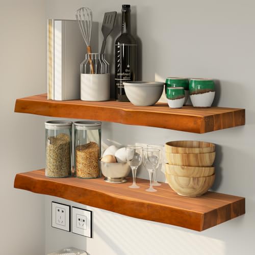 Live Edge Floating Shelves Set of 2 - Solid Wood Floating Shelves for Wall - Rustic Farmhouse Wooden Wall Storage Shelf for Home Décor, Butcher Block Shelves, Honey Color (36