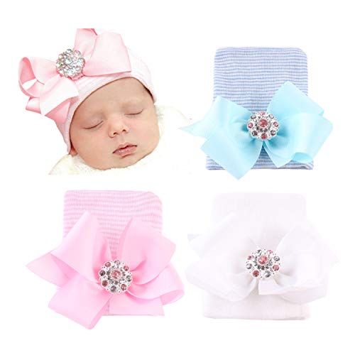 Image of DRESHOW BQUBO Newborn Hospital Hat Infant Baby Hat Cap with Big Bow Soft Cute Knot Nursery Beanie
