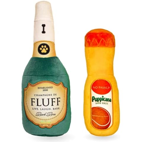 Bark Bros - Paw-mosa Mimosa Champagne OJ Plush Squeaky Dog Toy Bottle Parody Two Pack - Dog Birthday Toy - Cute Dog Toys - Dog Gifts - Puppy Gifts - Alcohol Dog Toy - Funny Dog Toy - Boy/Girl Dog Toys Cover