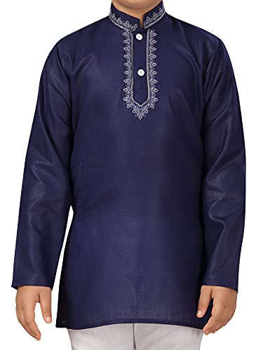 Image of AJ Dezines Kids Cotton Embroidered Navy Blue Kurta Pyjama for Boys (15-16 Years)