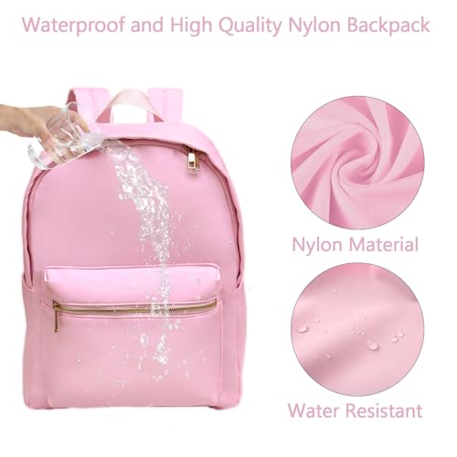 Nylon Backpack for Kids Teen Girls Boys, Waterproof Plain Bookbag Preppy School Bag Lightweight Travel Backpacks with Gold Zipper 15", Pink3