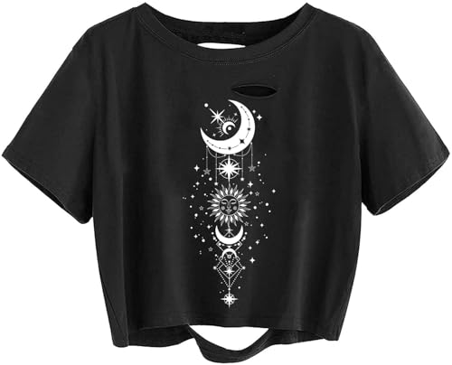 Remidoo Womens Sun and Moon Print Tee Distressed Ripped Short Sleeve Graphic Crop Top T Shirt Black X-Small