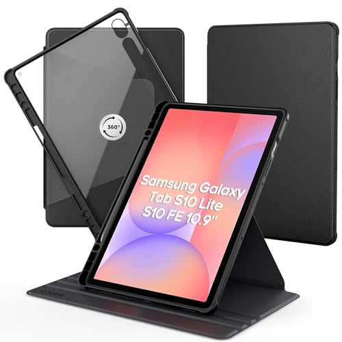 CACOE Drehbare Hülle für Samsung Galaxy Tab S10 Lite/ S10 FE 10.9" 2025/ S9 FE 10.9" /S9 11 Zoll mit S Pen Halter, 360 Grad Drehbare Schutzhülle Acryl, Transparente Rückseite Stoßfest Grenze (Schwarz)