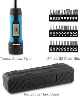 Neiko 10574A 1/4” Drive Torque Wrench Screwdriver Set | 30 Pieces of S2 Steel Philips, Hex, Slotted, and Torx Bits | 10 to 60 Inch-Pounds Torque Adjustment Range | Firearms Accurizing and Gunsmithing