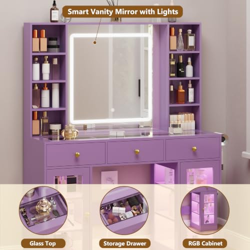 Image of Purple Vanity Desk with Mirror and Lights, Glass Top Vanity with Lighted Mirror & RGB Cabinet and 3 Drawers, Dressing Table with 8 Shelves, Makeup Desk with Lights for Girls Bedroom, 3 Color Modes