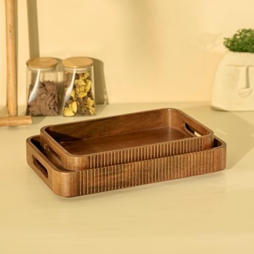 Image of Brick Brown Premium Handcrafted Wooden Duet Nested Serving Trays Set of 2 Tea, Breakfast Tray with Handles - Decorative Coffee Table Organizer Platter for Home, Kitchen, Dining, Restaurant & Office