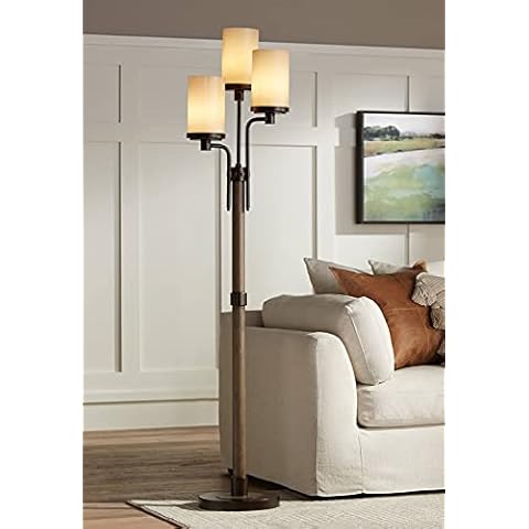 Franklin Iron Works Astoria Rustic Farmhouse Industrial Standing Floor Lamp Tree 3-Light 71" Tall Bronze Faux Wood Faux Tea Alabaster Glass for Living Room Reading House Bedroom Home Office Cover